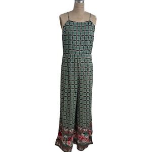 Farm Rio Honolulu Wide Leg Jumpsuit  Size S Green Geometric Floral Print